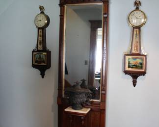 Antique pier mirror & two banjo clocks