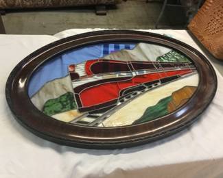 Custom train stained glass panel (small crack in clear glass)