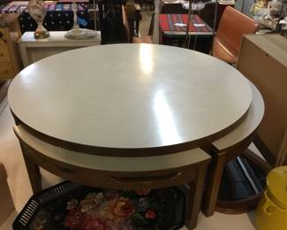 Incredible Find: MCM Game Coffee Table with 4 hidden chairs, white Formica top 
