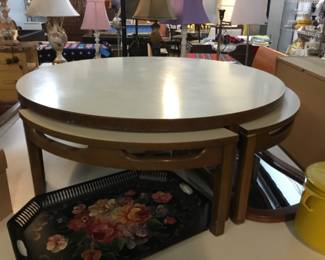 Incredible Find: MCM Game Coffee Table with 4 hidden chairs, white Formica top 