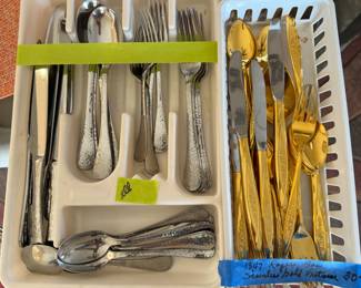 Two sets of stainless steel. Set 1: Rogers Brothers gold tone. Set 2: Gin Co  Industry Flatware 18/0, Arcoroc pattern. 