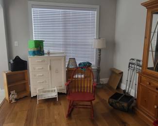 Baby items, Rocking Chair, Vintage Bookshelves, misc