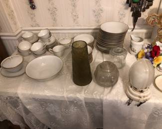 German china set plus vintage glass including light fixture with glass