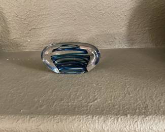 Art Glass Tornado Blue, Green and Aqua Paperweight Oblong