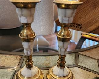 Brass, Mother of Pearl Inlay Candle Holders