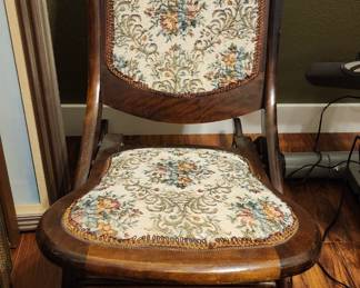 Folding Rocking Chair Tapestry Seat Carved Wood Victorian Style