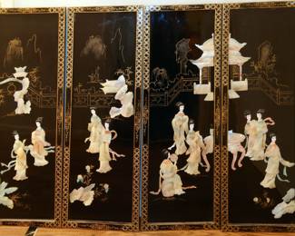 Wall Decor with Mother-of-Pearl Figures.  Asian-inspired Black Lacquer Set Of 4 Wall Plaques; 3D Hanging Art