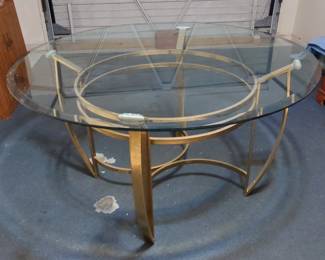 Large Vintage Glass Dining Table.  Brass base, Table approximately 51" diameter.  Very good condition, no chips/damage on the glass.