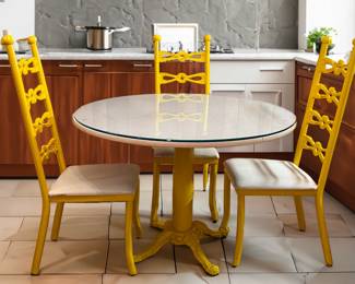 Hollywood Regency Dorothy Draper Style Dining Set. Well-made, bright yellow color dining set in the tradition of Dorothy Draper.  Four stylish dining chairs and matching table. Original upholstery and in very good condition.