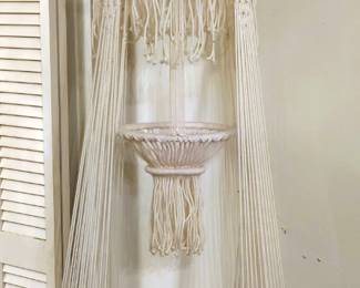 Vintage Tiered Macrame [Large]. Tiered Macrame Hanging Table/Plant Hanger with Glass Bottom Insert Fringe