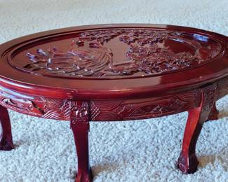 Vintage Ornate Hand-carved Mahogany Coffee Table.  Custom table-top glass included. Good condition.