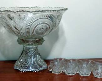 Vintage Crystal 2-Piece Pedestal Punchbowl Set.  Elegant crystal set with 8 cups.
