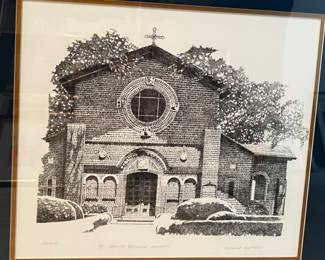 Signed pen & ink sketch , Saint John's Episcopal Church, Laurel, Mississippi.  Documentation included. 