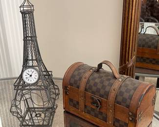 Eiffel Tower, clock and wooden box