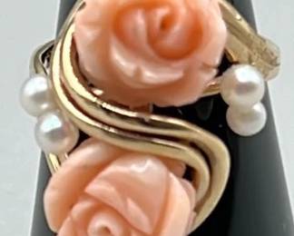 Floral, Coral And Pearl Cocktail Ring 14k Gold