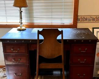 Desk, Chair And Brass Lamp Set