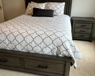 Raymour & Flanigan newly purchased bedroom set - only used 3 times!! 
Includes:  Queen Bedframe with storage, Mattress, Tallboy dresser, Long Dresser with mirror and 1 nightstand. - $2500 for all