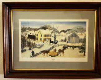ORIGINAL WILL MOSES EAGLE BRIDGE SNOWY FARM HOUSE LITHOGRAPH PRINT FRAMED