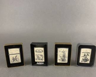 Lot 470 | 4 Scrimshaw Zippo Lighters