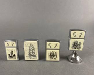 Lot 520 | 4 Scrimshaw Zippo Lighters