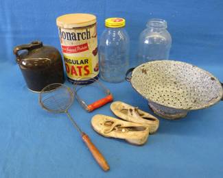 Lot 239. Vintage kitchen items and a pair of vintage children's shoes