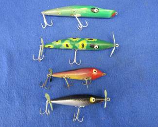 Lot 259. Four vintage folk art wooden artisan-made and hand-painted fishing baits