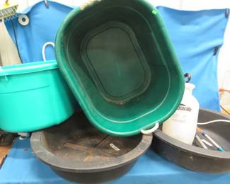 Lot 132. Two large totes, clippers, sprayer, and two 7" whiskey barrel liners