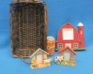 Lot 334. Three farm scene picture frames and wicker basket
