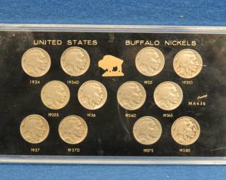 Lot 201. Buffalo Nickel set including nickels from 1934, 1935, 1936, and 1937. 12 total nickels