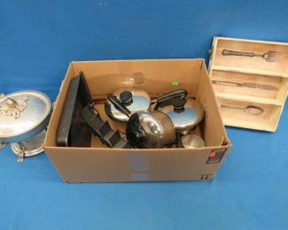 Lot 208. Revere Ware pans with lids, tableware drawer, and more