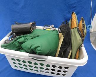 Lot 52. Sears 8x50 binoculars, sleeping bag, minnow bucket, life jackets, and more