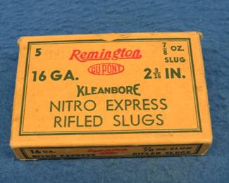 Lot 381. Vintage box of five Remington 16 Ga. shotgun shells. Box in VGC