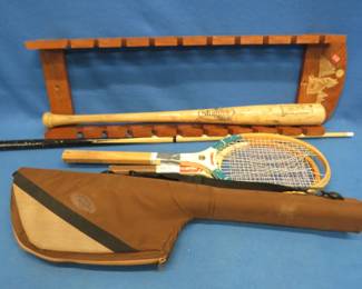 Lot 130. Tennis rackets, pool cue and rack, Josh Hamilton bat, and fishing rod case