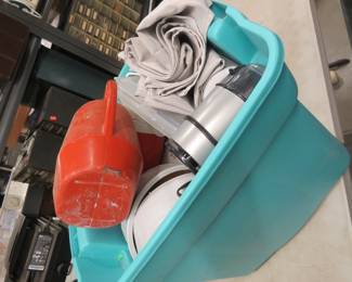 Lot 121. Two dog bowls, tote, and more