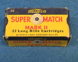 Lot 392. 50 Western Mark II Super Match .22 LR rounds in a box in good condition.