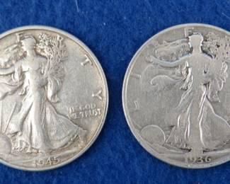 Lot 33. 1936 D and 1945 S walking liberty half