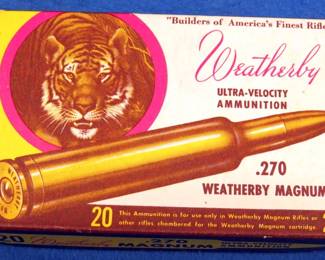 Lot 357. One Weatherby .270 Magnum box in excellent condition containing 7 cartridges and 12 spent casings