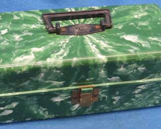 Lot 109. Vintage Plas-Tak green marble Beachcomber tackle box