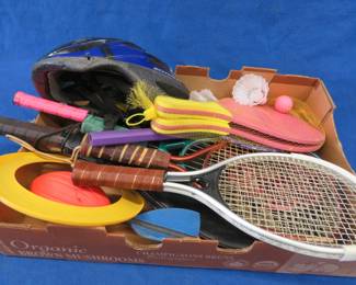 Lot 348. Sports racquets, a bike helmet, and more
