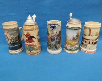 Lot 198. Five beer steins.&nbsp; Two with lids.