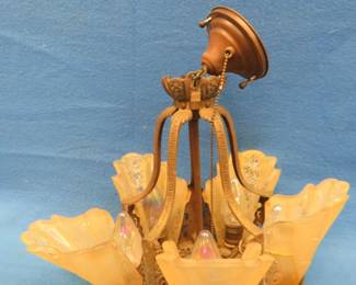 Lot 364. Antique glass and metal lamp. Untested. Two of the globe pieces have been glued.