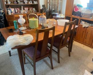 MCM DINING ROOM TABLE & CHARS & MCM HUTCH (IN BACKGROUND).