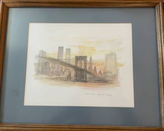 TWIN TOWERS RARE FRAMED ART W/ BROOKLYN BRIDGE, SIGNED AND NUMBERED... A MUST FOR THE THE SERIOUS COLLECTOR OF NYC & 911 MEMORABILIA!