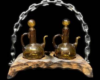 MID CENTURY ALISO WOOD AMBER GLASS CRUET SET FROM SPAIN