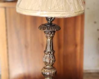 ORNATE BRASS CANDLESTICK TABLE LAMP WITH NEW THEODORE ALEXANDER LAMP SHADE