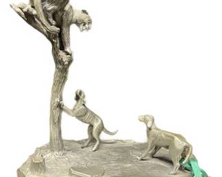 SIGNED H. WILSON "MOUNTAIN LION AND DOGS" PEWTER SCULPTURE