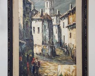 SIGNED MARTINEZ VILLAGE LANDSCAPE ABSTRACT OIL ON CANVAS