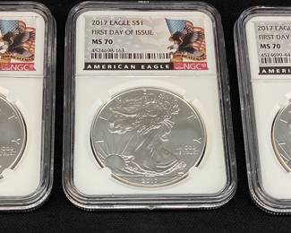 (3) 2017 SILVER AMERICAN EAGLES, 1st DAY STRIKE MS70