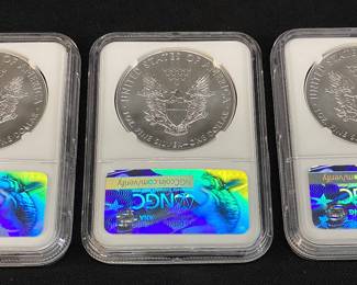 (3) 2017 SILVER AMERICAN EAGLES, 1st DAY STRIKE MS70