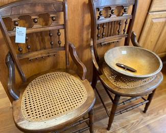 pair vintage chairs, wood bowl